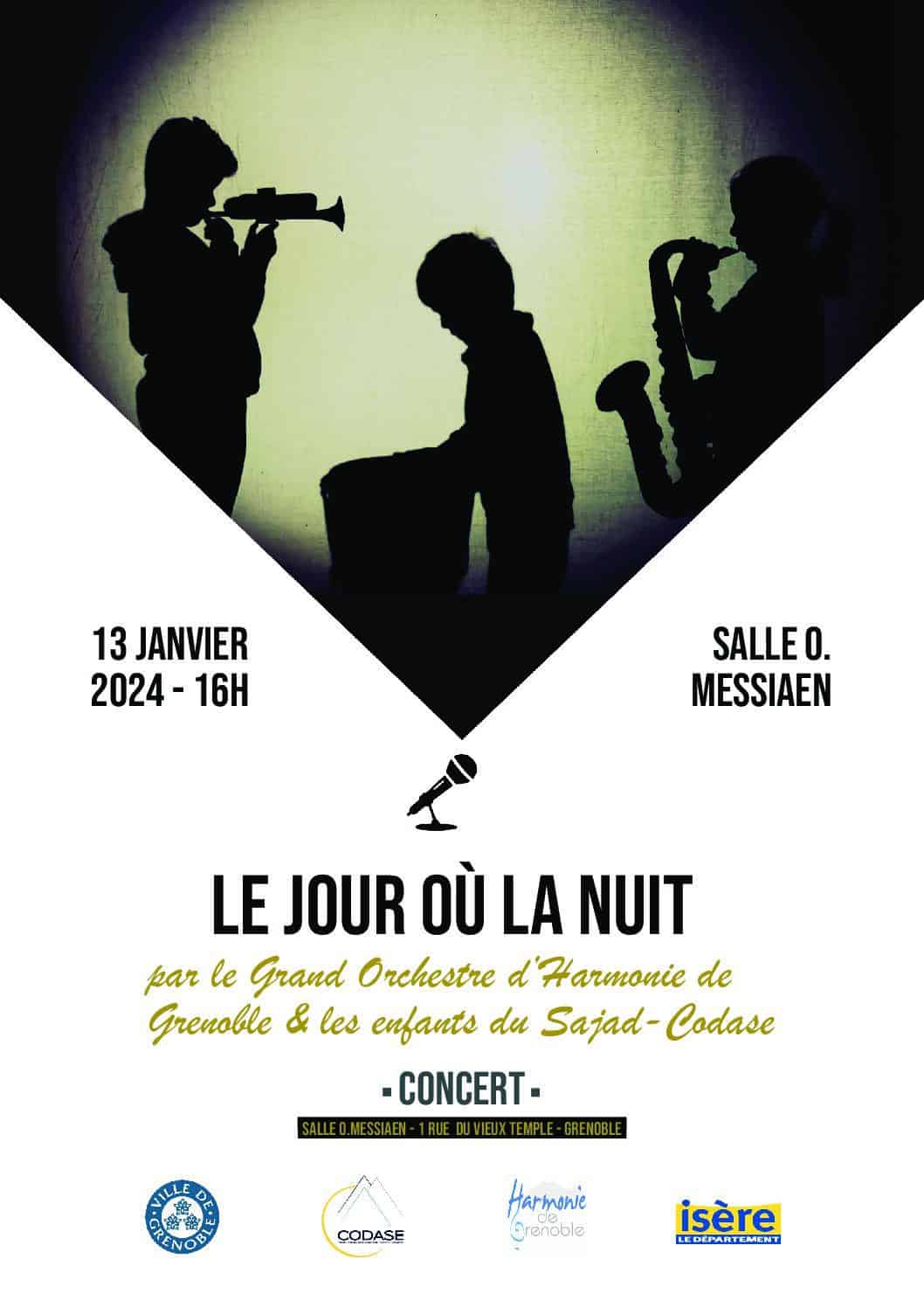 Concert « Le jour où la nuit » par le Grand Orchestre d’Harmonie de Grenoble et les enfants accompagnés au SAJAD, le samedi 13 janvier 2024